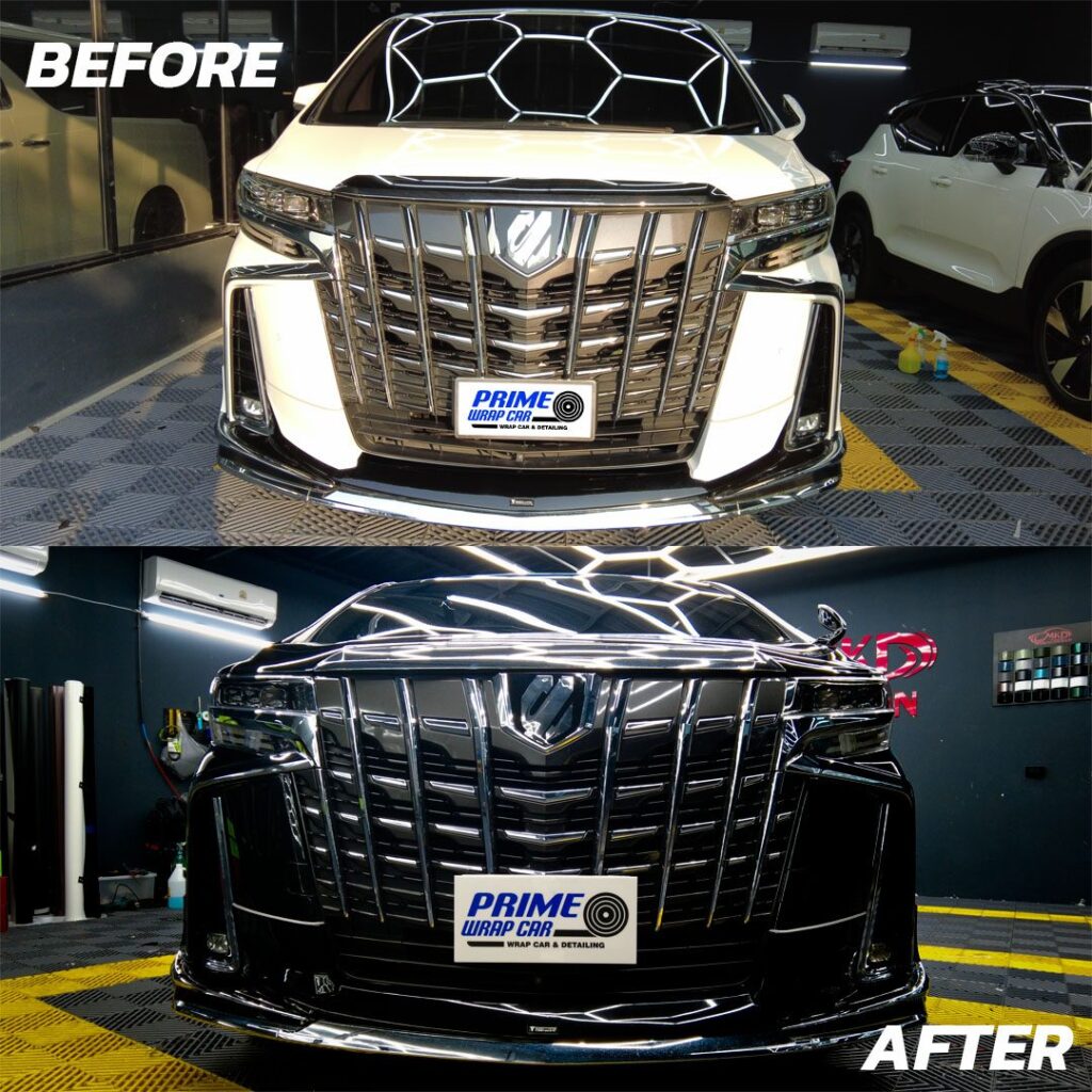 เปรียบเทียบก่อนและหลังเปลี่ยนสีรถ Toyota Alphard จากสีขาวเป็นสีดำ โดย Prime Wrap Car