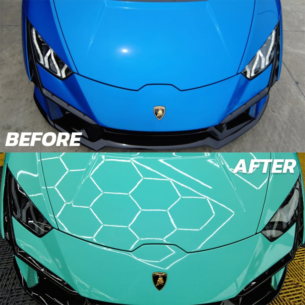 wrap แลมโบ ก่อนและหลัง — Lamborghini Huracan Tecnica เปลี่ยนสีจากน้ำเงินเป็นเขียวมิ้นต์