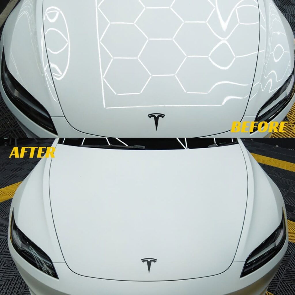 เปรียบเทียบก่อนและหลัง Tesla Model 3 สีขาวเงาเปลี่ยนเป็นผิวด้านด้วย PPF